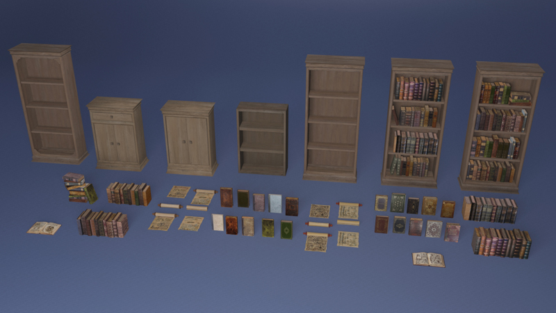 3D Ancient books and bookcases1
