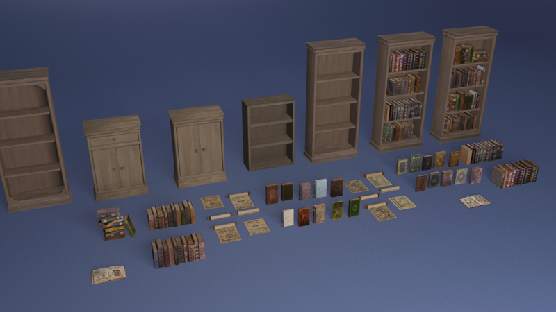 3D Ancient books and bookcases2