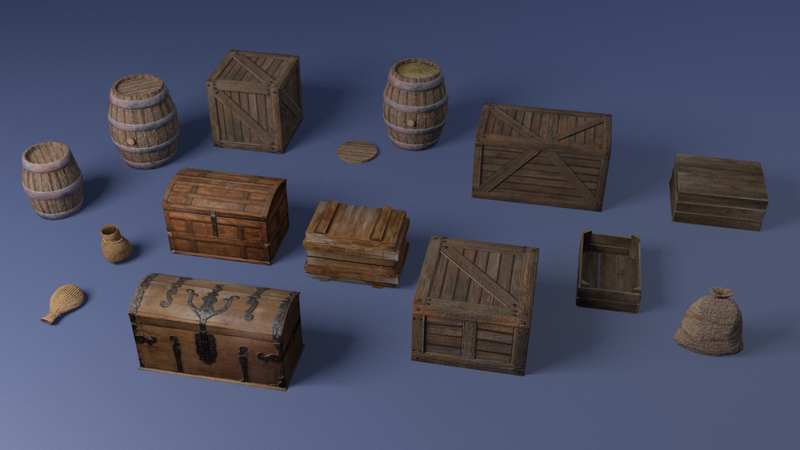 3D Old containers, trunks and boxes