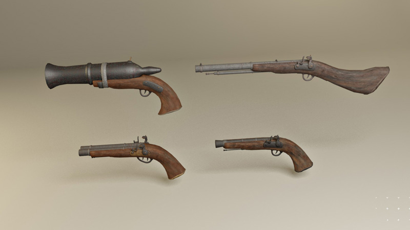 3D Pirate flintlock guns and shotguns