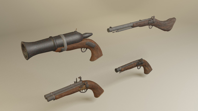 3D Pirate flintlock guns and shotguns2