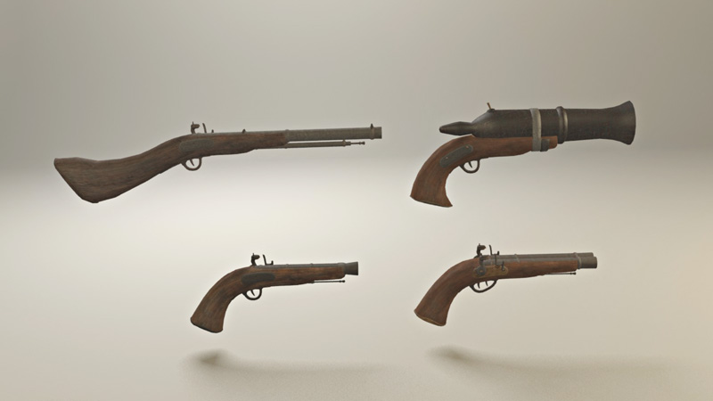 3D Pirate flintlock guns and shotguns3