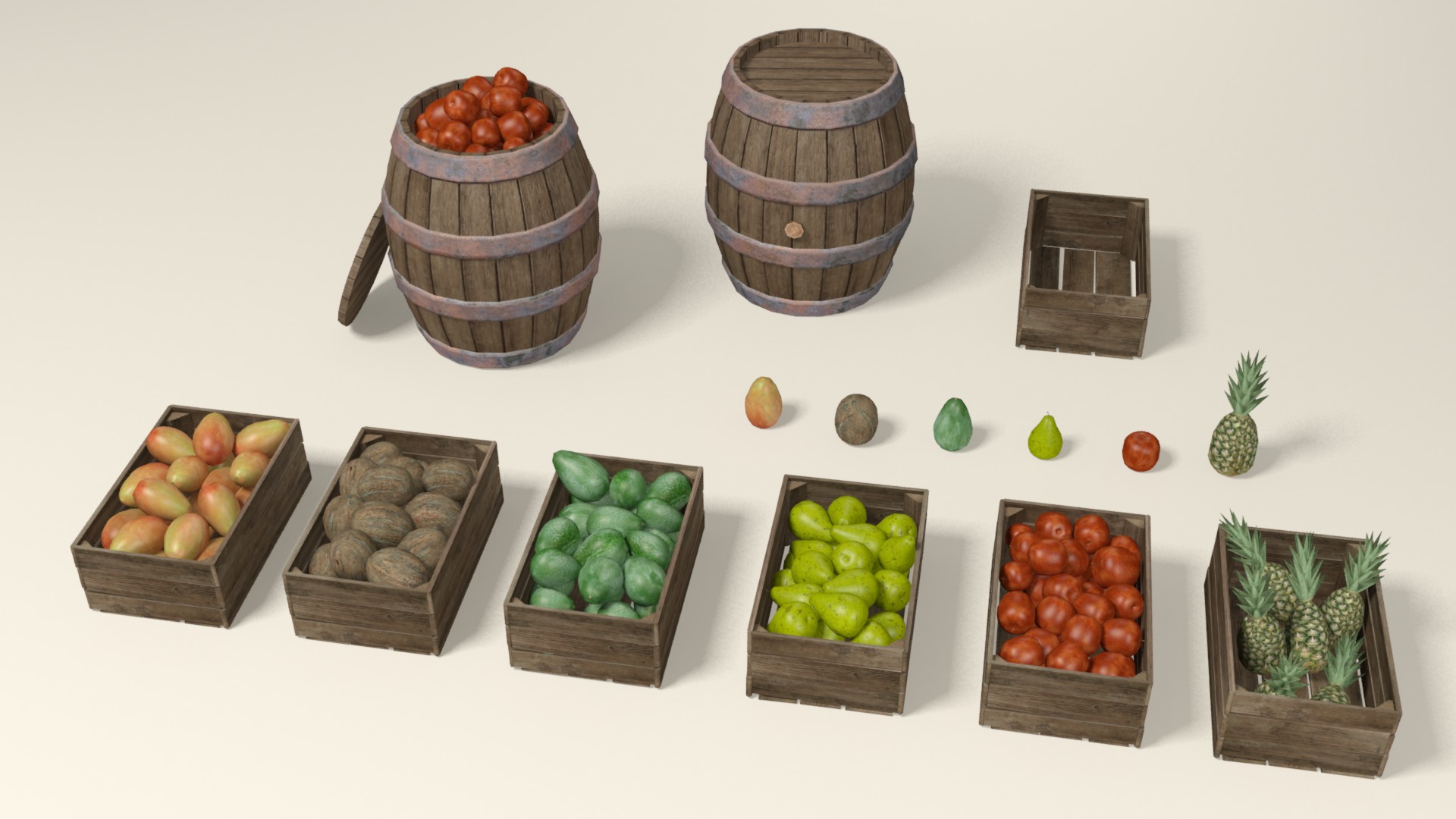 3D Tropical fruit and fruit boxes3