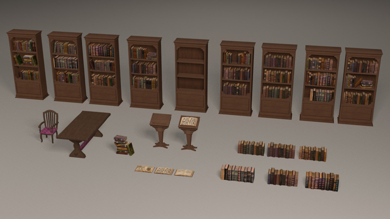 3D Bookcases, books and library furniture